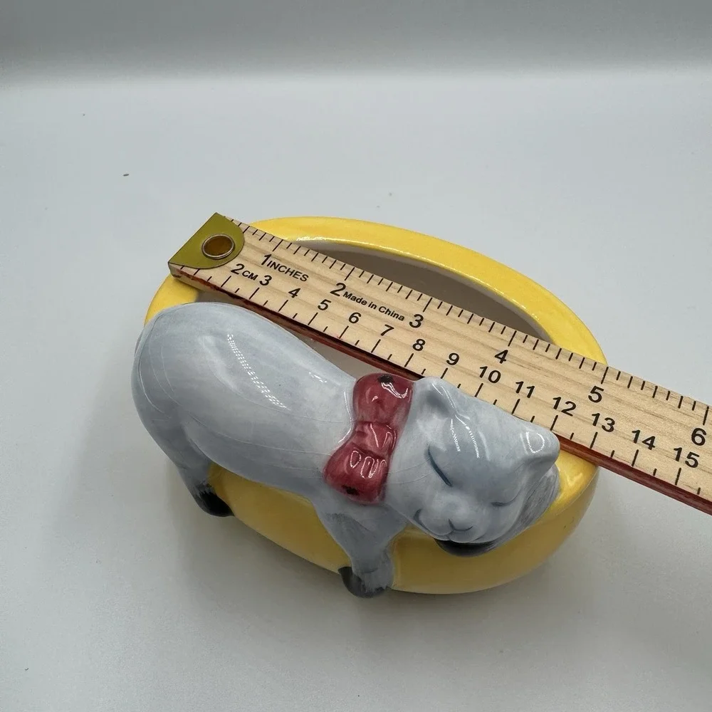 Ceramic Sleeping Gray Cat Planter Trinket Dish Yellow Bowl Red Bow Kitty Decor